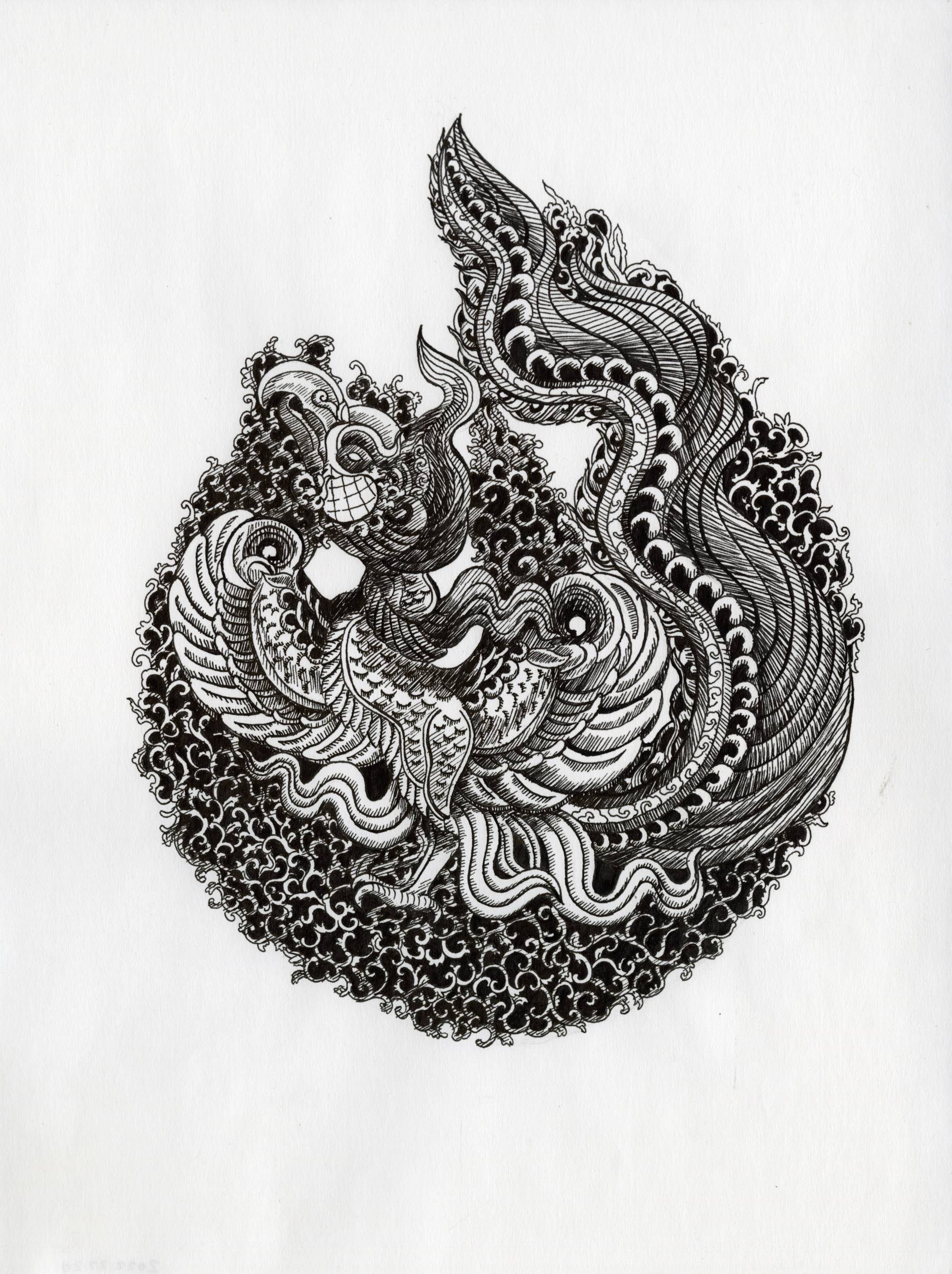 Fine line drawing of a bird like creature, a phoenix.